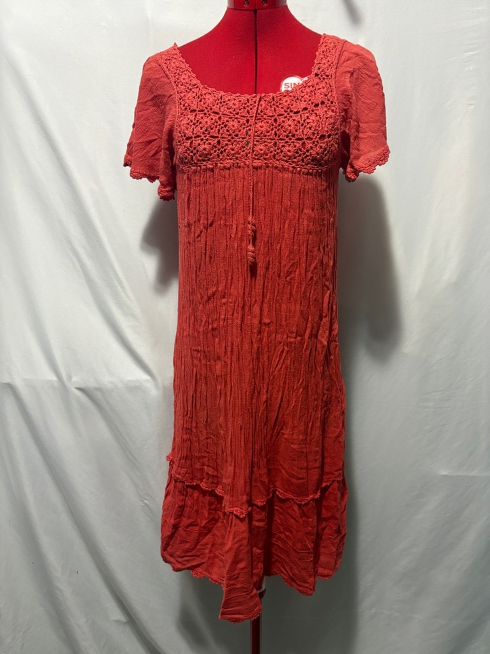 Crochet Yoke Midi Dress in Red - Lightweight Summer Dress SM409